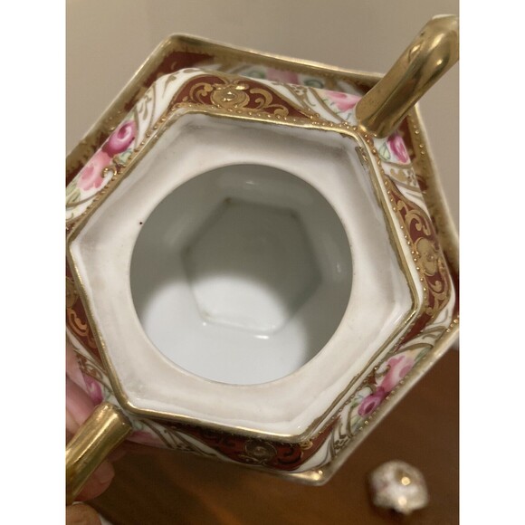 Antique Nippon c1911 Floral Sugar Bowl W/ Lid & Spoon Attached Plate Gold Accent - Picture 8 of 14